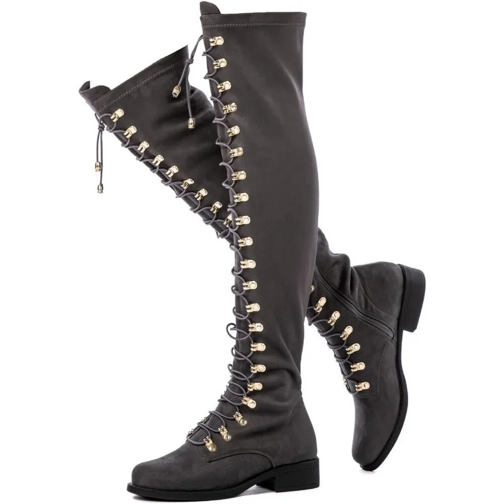 Women's Grey Faux Leather Side Zipper Over The Knee Thigh High Tall Boots
